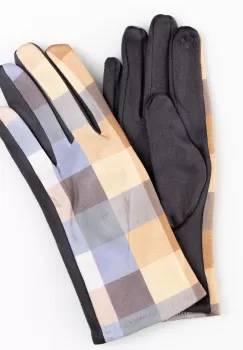 Manusi dama imprimeu patrate camel si galben pe fond gri, material catifelat imagine