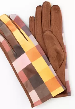 Manusi dama imprimeu patrate galbene si maro pe fond camel, material catifelat imagine