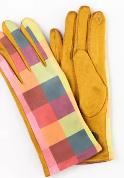 Manusi dama imprimeu patrate multicolore pe fond galben, material catifelat imagine