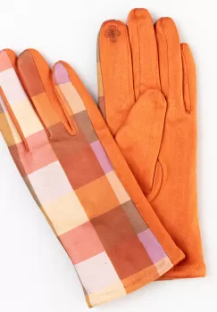 Manusi dama imprimeu patrate multicolore pe fond portocaliu, material catifelat imagine