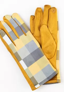 Manusi dama imprimeu patrate pe fond galben mustar, material catifelat imagine