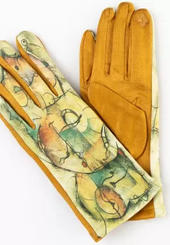 Manusi dama imprimeu pictural abstract pe fond galben mustar, material catifelat imagine
