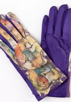 Manusi dama imprimeu pictural abstract pe fond mov, material catifelat imagine