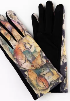 Manusi dama imprimeu pictural abstract pe fond negru, material catifelat imagine