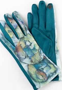 Manusi dama imprimeu pictural abstract pe fond turcoaz, material catifelat imagine