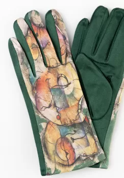 Manusi dama imprimeu pictural abstract pe fond verde, material catifelat imagine