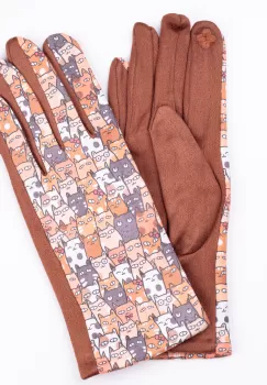 Manusi dama imprimeu pisici cu ochi mari pe fond camel, material catifelat imagine