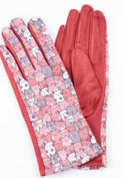 Manusi dama imprimeu pisici cu ochi mari pe fond caramiziu, material catifelat imagine