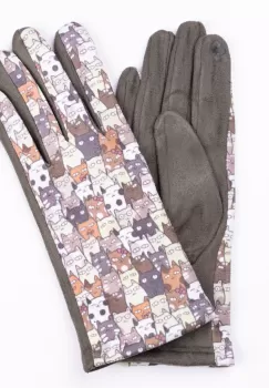 Manusi dama imprimeu pisici cu ochi mari pe fond kaki, material catifelat imagine