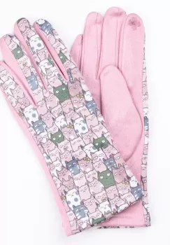 Manusi dama imprimeu pisici cu ochi mari pe fond roz prafuit, material catifelat imagine