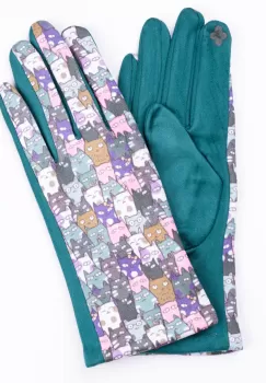 Manusi dama imprimeu pisici cu ochi mari pe fond verde samarald, material catifelat imagine