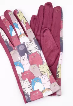 Manusi dama imprimeu pisici grasute pe fond bordo, material catifelat imagine