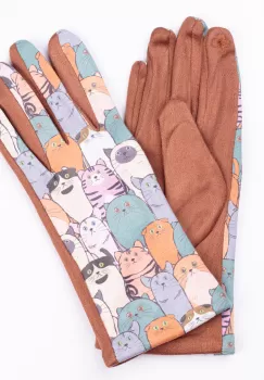 Manusi dama imprimeu pisici grasute pe fond camel, material catifelat imagine