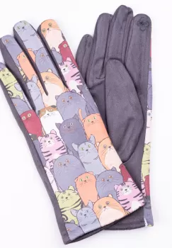 Manusi dama imprimeu pisici grasute pe fond gri, material catifelat imagine