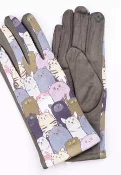 Manusi dama imprimeu pisici grasute pe fond kaki, material catifelat imagine