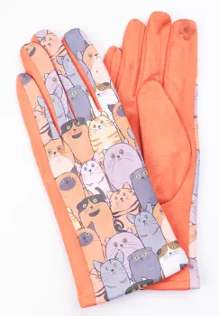 Manusi dama imprimeu pisici grasute pe fond portocaliu, material catifelat imagine