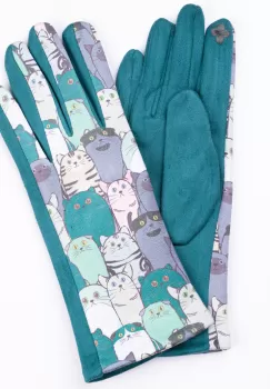 Manusi dama imprimeu pisici grasute pe fond verde samarald, material catifelat imagine