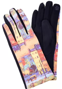 Manusi dama, textil cu imprimeu inspirat dintr-o pictura impresionista cu peisaj cu case imagine