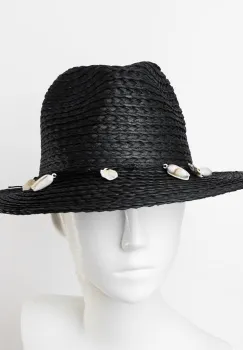 Palarie de paie impletita cu decoratiune din scoici, neagra imagine