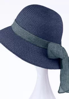 Palarie de paie impletita cu decoratiune funda, bleumarin imagine