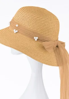 Palarie de paie impletita cu decoratiune funda cu perle fine, camel imagine