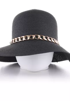 Palarie de paie impletita cu decoratiune lant auriu, neagra imagine