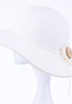 Palarie de paie impletita cu decoratiune margareta, alba imagine