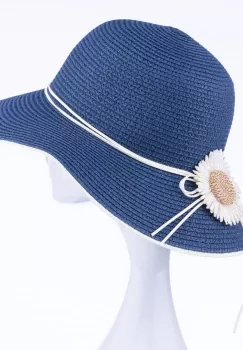Palarie de paie impletita cu decoratiune margareta, bleumarin imagine