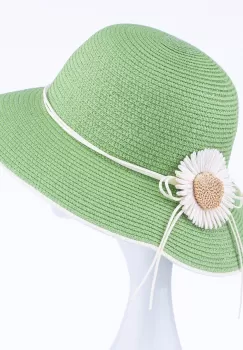 Palarie de paie impletita cu decoratiune margareta, verde imagine