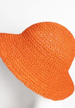 Palarie flexibila de paie impletita cu bor mare, portocalie imagine