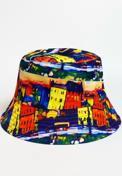 Palarie unisex cu doua fete imprimata cu reproducere dupa o pictura cu casute multicolore imagine