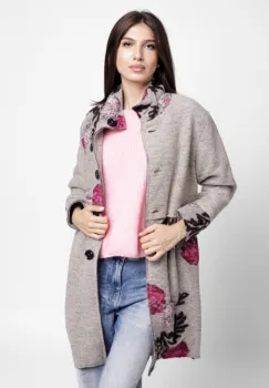 Palton bej, captusit, cu flori colorate, din lana naturala imagine