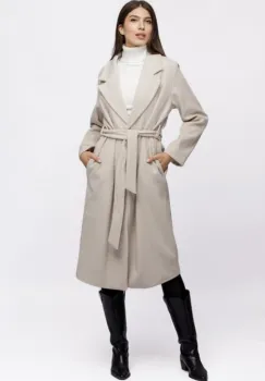 Palton lung, clasic, cu revere, din stofa ivoire imagine