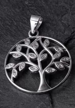 Pandant rotund din argint 925 Pomul Vietii cu pietricele albe de cubic zirconia imagine