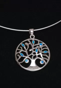 Pandant rotund Pomul Vietii din argint 925 cu frunze albastre din paua shell imagine