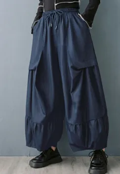 Pantaloni balon dama cu fronseu si talie elastica, bleumarin imagine