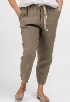 Pantaloni bej inchis din in, pana, cu snur alb imagine