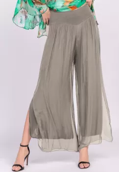 Pantaloni bej inchis din matase naturala cu crapaturi laterale imagine