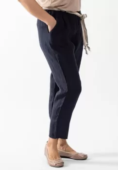 Pantaloni bleumarin din in, pana, cu snur alb imagine