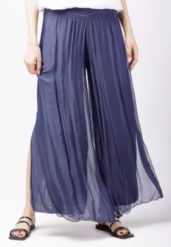 Pantaloni bleumarin din matase naturala cu crapaturi laterale imagine