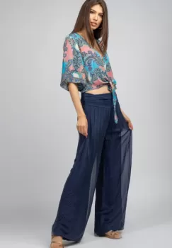 Pantaloni bleumarin din matase naturala, tip salvari imagine