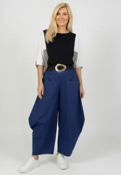 Pantaloni dama largi cu fronseu lateral si buzunare, bleumarin imagine