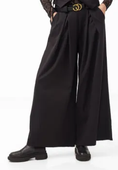 Pantaloni dama negri din stofa fina, palazzo, eleganti, cu talie inalta si curea imagine