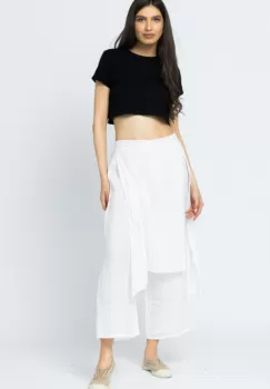 Pantaloni de vara din in, cu aplicatii pe fata si spate, albi imagine