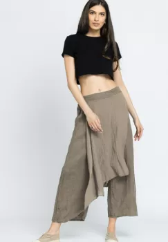 Pantaloni de vara din in, cu aplicatii pe fata si spate, bej inchis imagine