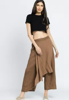 Pantaloni de vara din in, cu aplicatii pe fata si spate, camel imagine