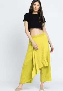 Pantaloni de vara din in, cu aplicatii pe fata si spate, galbeni imagine