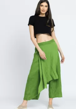 Pantaloni de vara din in, cu aplicatii pe fata si spate, verde olive imagine