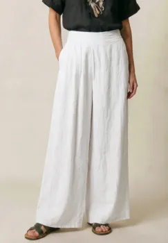 Pantaloni de vara din in cu croiala ampla si pliuri in talie, albi imagine