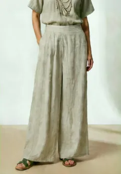 Pantaloni de vara din in cu croiala ampla si pliuri in talie, bej imagine